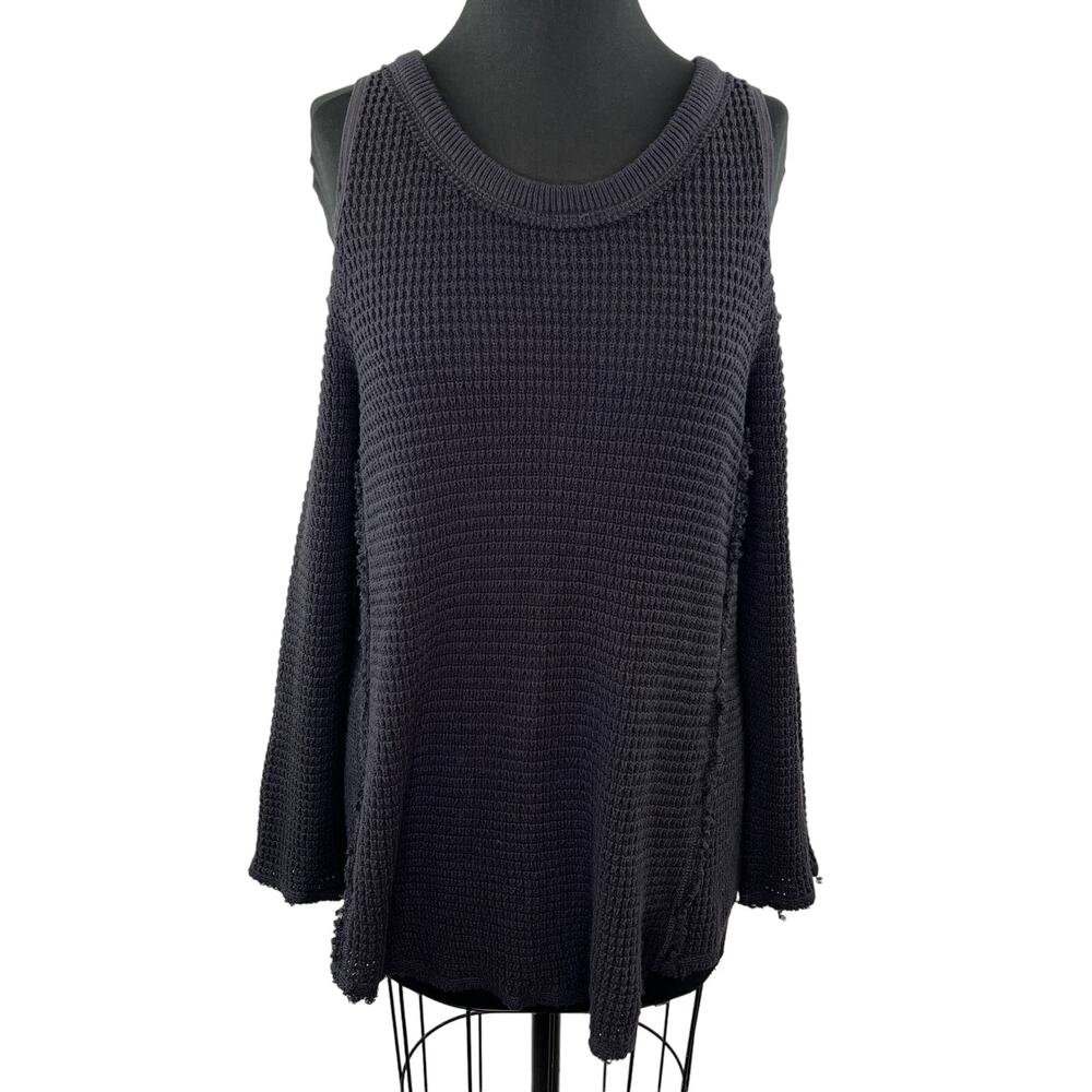 Free People Dark Gray Wool Blend Waffle Knit Long Sleeve Cold Shoulder Top S